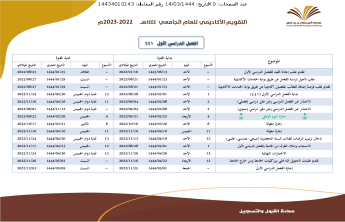 التقويم الأكاديمي للعام الجامعي 1444هـ 2022-2023م